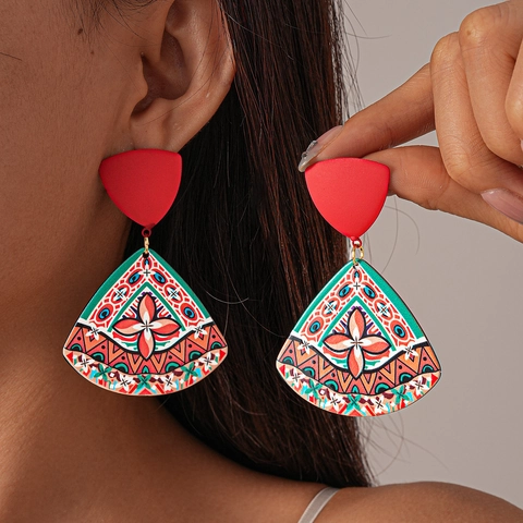 Böhmische Acryl Fächerförmige Hängeohrringe Mit 925 Sterling Silber Ohrstecker Bedruckter Geometrischer Ethno Stil Für Damen