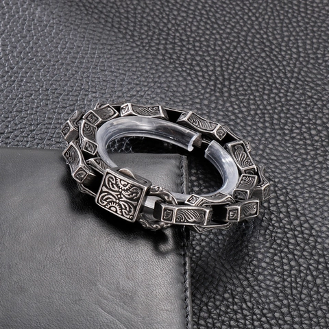 Bracciale Uomo Scolpito Totem Vintage Acciaio Inossidabile 316L Punk Catena Pesante Gioielli Biker Argento Antico