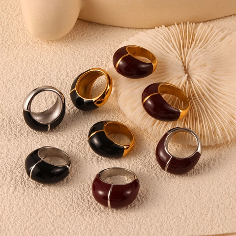 Vintage Geometric Dome Ring Stainless Steel Enamel Oil Drip Wide Band Arched Chunky Statement Jewelry For Women