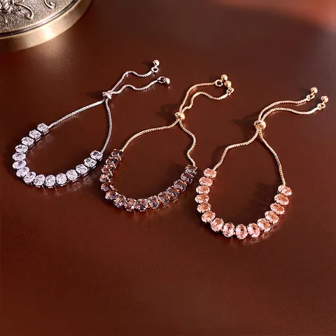 Adjustable Oval Cubic Zirconia Bracelet Copper Metal Elegant Slide Clasp Wrist Jewelry For Women Light Luxury