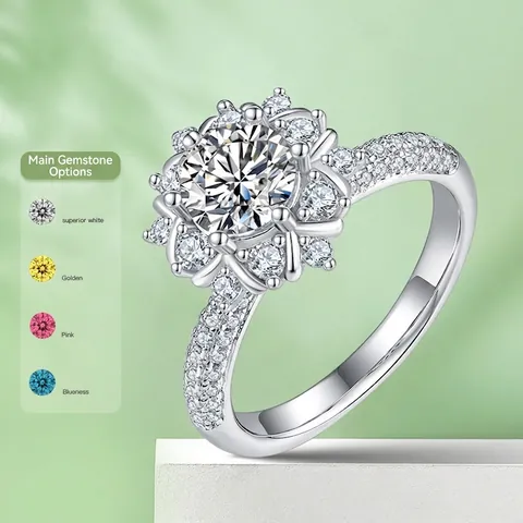 925 Sterling Silver 1ct Moissanite Ring For Women Luxury Flower Halo Engagement Band With GRA Certificate Fine Jewelry