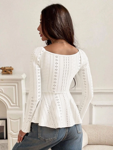 Women Elegant French Style Eyelet Embroidery Peplum Top Long Sleeve Drawstring V Neck Hollow Out Blouse White
