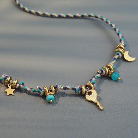Boho Πλεκτό Κολιέ Με Μενταγιόν 18K Επιχρυσωμένο Ανοξείδωτο Ατσάλι Κλειδί Φεγγάρι Αστέρι Φυσική Πέτρα Έθνικ Κοσμήματα