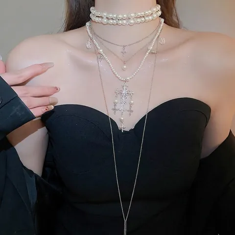Collana Multistrato Perla Artificial Vetro Lega Strass Pendente Croce Vintage Gotico Elegante Gioielli Donna Argento