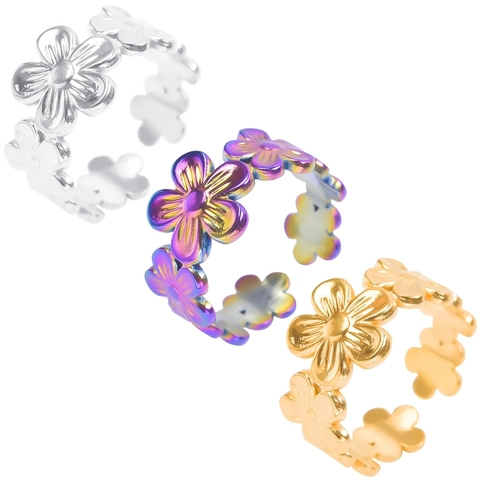 Daisy Flower Rings Stainless Steel Adjustable Open Band Colorful Gold Silver Minimalist Floral Jewelry