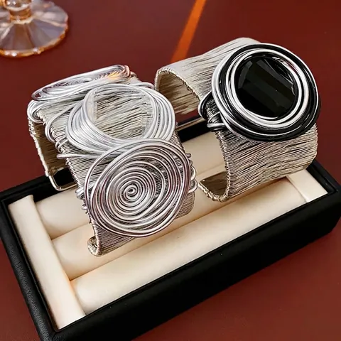 Bohemian Wide Cuff Bracelet Metal Wire Wrapped Spiral Design Adjustable Open Punk Style Hand Jewelry For Women