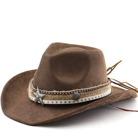 Western Cowboy Hat Suede Polyester Wide Brim Vintage With Metal Star Studs And Braided Rope Outdoor Sun Protection
