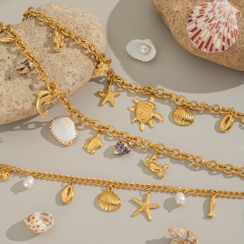 Stainless Steel Necklace Natural Artificial Pearl Ocean Theme Dolphin Starfish Shell Charms Summer Beach Jewelry 18K Gold Plated