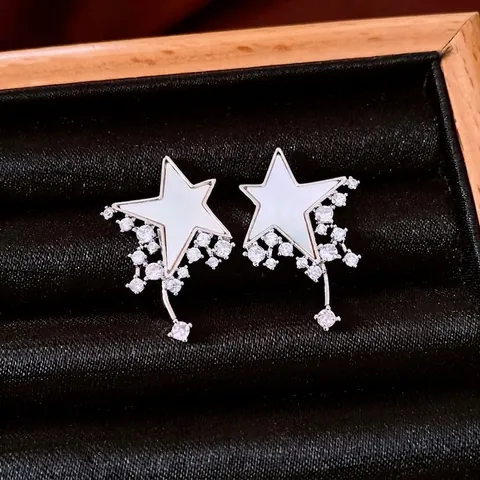 Pendientes Colgantes De Estrella Con Pasador De Plata De Ley 925 Circonita Incrustación De Concha Diseño Único Joyería Mujer