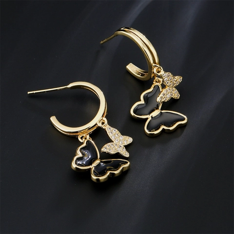 Vlinder Drop Hoop Oorbellen Koper 18K Verguld Emaille Zirkoon Strass C Vormige Mode Sieraden Voor Vrouwen