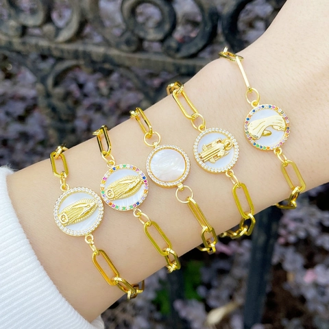 Virgin Mary Round Pendant Bracelet Copper 18K Gold Plated Colorful Zircon Mother Of Artificial Pearl Paperclip Chain For Women