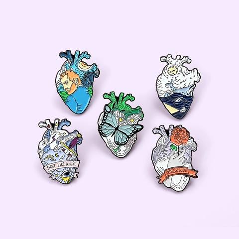 Artistic Anatomical Heart Enamel Pin Van Gogh Starry Night Butterfly Whale Rose Design Alloy Metal Badge Brooch For Clothing Bags