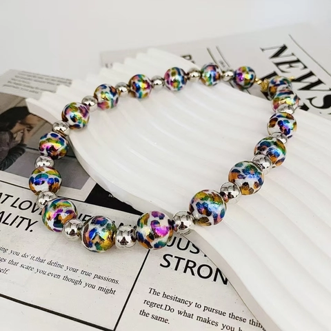 Western Style Laser Leopard Print Round Bead Necklace For Women Individual Fashion Copper Beaded Bracelet Jewelry Accessory