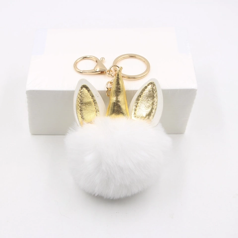 Lindo Llavero de Bola de Peluche de Unicornio Colgante de Pompón de Piel Sintética Con Cuerno Oreja Oro Para Bolsos Llaves Niñas