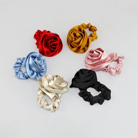Scrunchie Con Fiore Di Rosa In Raso Texture Raso Retrò Francese Elegante Grande Elastico Floreale Per Donne Ragazze