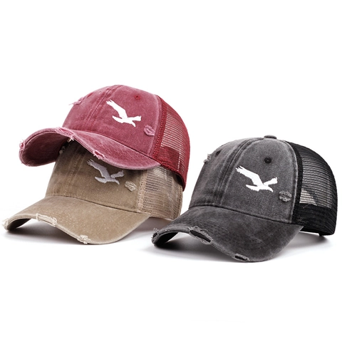 Berretto Trucker Vintage Americano in Cotone Lavato con Rete Ricamo Uccello Traspirante Berretto da Baseball Protezione Solare