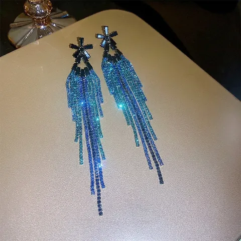 Lange Quasten Ohrhänger Mit Blauem Farbverlauf Straßsteine Geometrischer Statement Schmuck Für Damen Silberner Ohrstecker