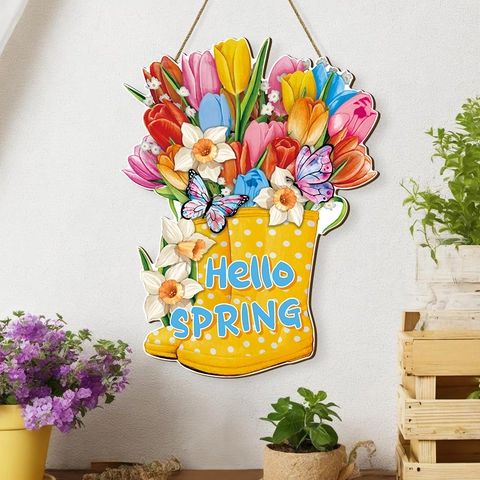 Frühlings Holzschild Zum Aufhängen Hello Spring Gummistiefel Tulpen Deko Haustür Wandkunst Pappelholz Plakette