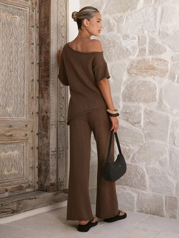 Abbigliamento Maglia Donna Top Spalle Scoperte Asimmetrico E Pantaloni Gamba Larga Casual Marrone Acrilico Modal