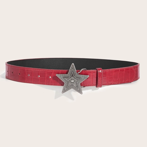 Women PU Leather Belt Crocodile Pattern Retro Silver Star Buckle Western Y2K Style Waistband