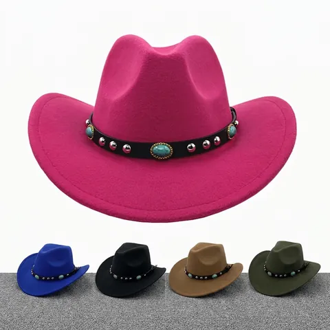 Westerse Cowboyhoed Wolvilt Brede Rand Fedora Met Leren Band Turquoise Metalen Klinknagels Etnische Vintage Stijl