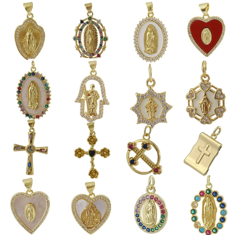 Ciondolo Religioso Vergine Maria Croce Hamsa Ottone Placcato Oro Zircone Madreperla Smalto Cattolico Gioielli Ciondolo