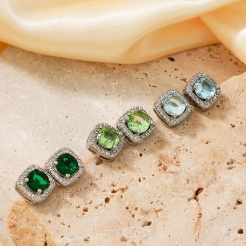 Square Halo Stud Earrings Colorful Cubic Zirconia Copper Fashion Jewelry For Women With Copper Earring Post