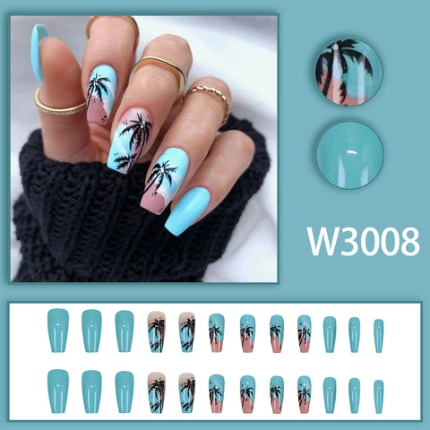 Press On Nails Lange Kistvorm Zomer Hawaiiaans Palmboompatroon Blauw Roze Gradiënt Glanzend ABS Plastic Kunstnagels Dames