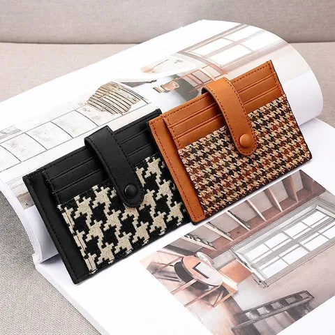 Houndstooth PU Leather Card Holder Slim Multi-slot Wallet With Snap Closure Retro Elegant Women Coin Purse