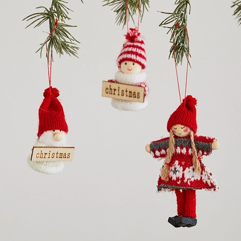 Christmas Wool Felt Doll Ornaments Handmade Knit Santa Snowman Hanging Decorations With Wooden Sign For Tree Home