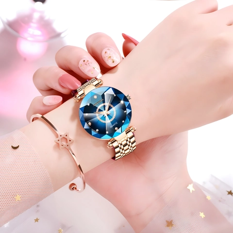 Montre À Quartz Élégante Pour Femme Miroir En Cristal Facetté Cadran Étoilé Dégradé Bracelet En Métal Étanche