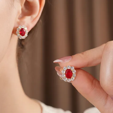 Orecchini A Lobo Ovali Zircone Rosso Con Silver Earring Post Rame Halo Gioielli Squisiti Stile Di Lusso Da Donna