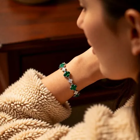 Elegant Four Leaf Clover Bracelet For Women Copper With Zircon And Glass Flower Vintage Luxury Jewelry Gift