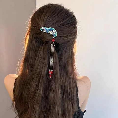Vintage Chinese Style Fan Shaped Hair Comb Alloy Enamel Floral Pattern Long Tassels Beads For Women Retro Accessory