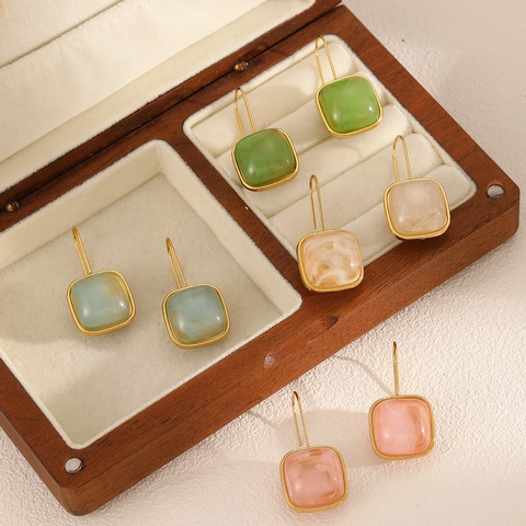 Square Resin Dangle Earrings Stainless Steel Ear Hook Geometric Retro Vintage Style Jewelry For Women Minimalist
