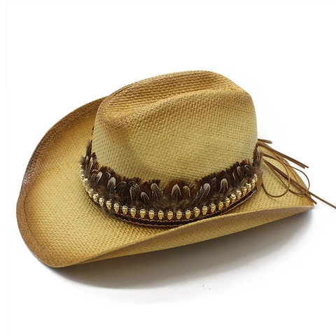 Cappello Di Paglia Cowboy Western Vintage Tesa Larga Protezione Solare Con Piuma E Borchie Teschio Per Spiaggia