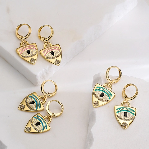 Geometric Triangle Evil Eye Hoop Earrings 18K Gold Plated Copper Enamel Zircon Personalized Dangle Jewelry For Women