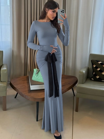 Long Sleeve Maxi Dress Women Elegant Round Neck Ruched Slim Fit With Contrast Black Bow Tie Party Evening Formal