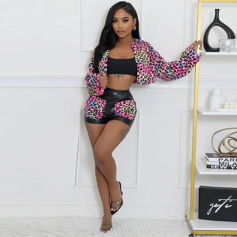 Women Colorful Leopard Faux Fur Crop Jacket And High Waist PU Leather Shorts Streetwear Outfits Fashionable