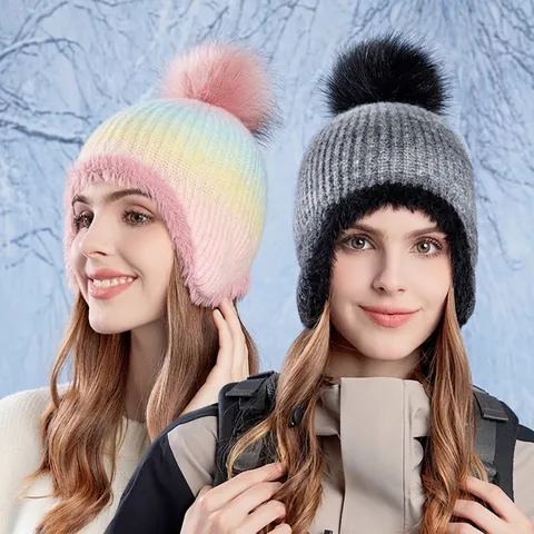 Gorro De Punto Invierno Para Mujer Con Orejeras Pompon Degradado Forro Termico Mezcla Acrilico Nylon Lana