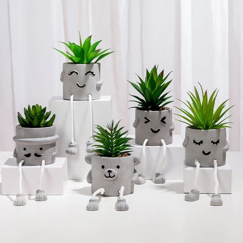 Artificial Succulent Plants In Cement Texture Resin Pots With Hanging Legs Cartoon Face Faux Greenery Desktop Decor