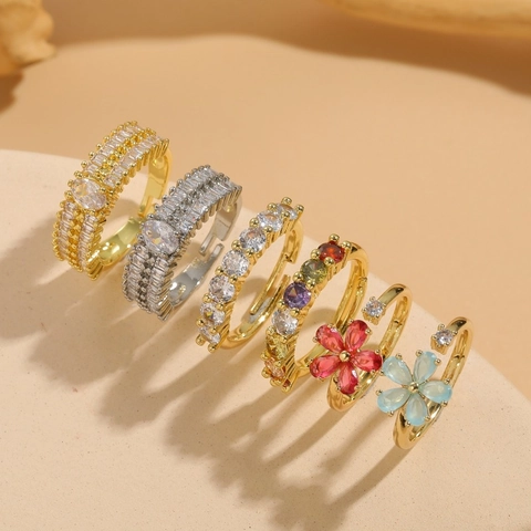 Copper Flower Cubic Zirconia Open Ring Luxury 14K Gold Plated Adjustable Geometric Fashion Jewelry For Women