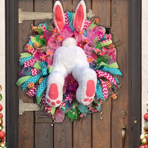 Corona De Conejo De Pascua Decoración Colgante Puerta Malla Colorida Con Orejas Y Pies De Peluche Adorno Festivo