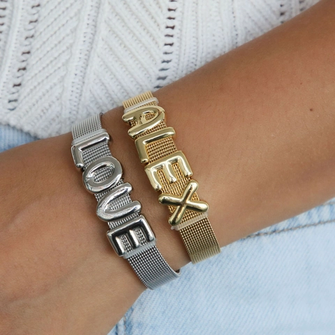 DIY Bubble Alphabet Letter Mesh Band Bracelet For Women Gold Plated Jewelry Adjustable Sliding Buckle