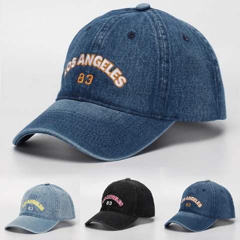 Washed Cotton Denim Baseball Cap Vintage Los Angeles Lettering Embroidery Adjustable Sun Hat For Men Women Streetwear