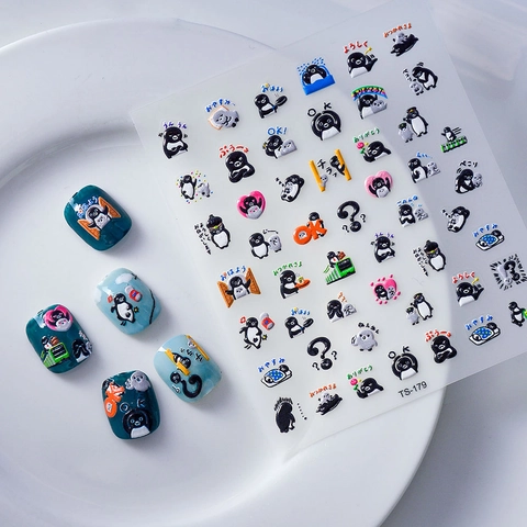5D Embossed Nail Art Stickers Cute Cartoon Penguin Adhesive Relief Decals Japanese Lettering DIY Manicure Decoration