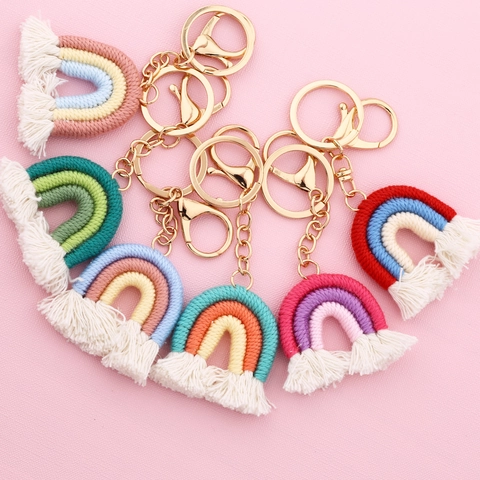 Handgemachter Gewebter Regenbogen Schlüsselanhänger Baumwollseil Mit Quaste Boho Stil Auto Tasche Anhänger