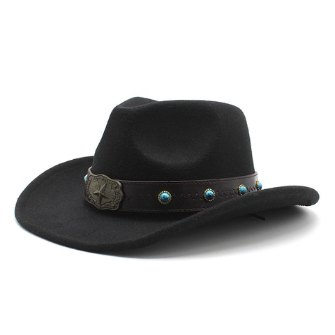 Western Cowboy Hat Woolen Felt Wide Brim Leather Belt Turquoise Star Buckle Retro Jazz Fedora For Men Women