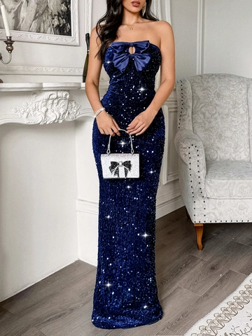 Elegant Sequin Evening Gown Strapless Maxi Dress With Big Bow Bodycon High Waist Slit For Party Women