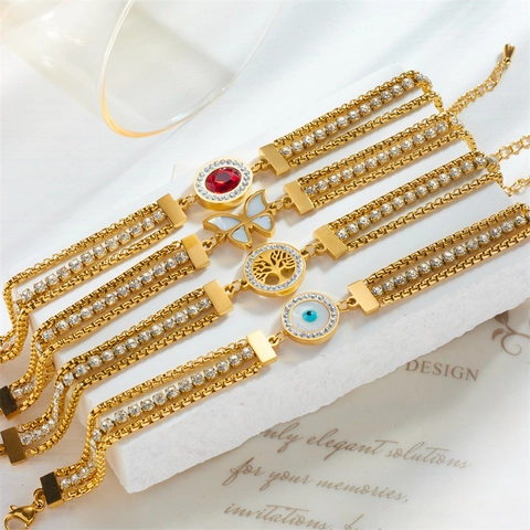 Vintage Gold Stainless Steel Multi-Layer Rhinestone Bracelet Butterfly Tree Of Life Evil Eye Pendant Lucky Jewelry For Women